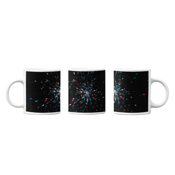 Dynamic Black Abstract Mugs: Multi-Colored Light Burst Design