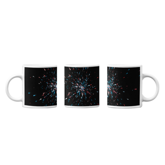 Dynamic Black Abstract Mugs: Multi-Colored Light Burst Design