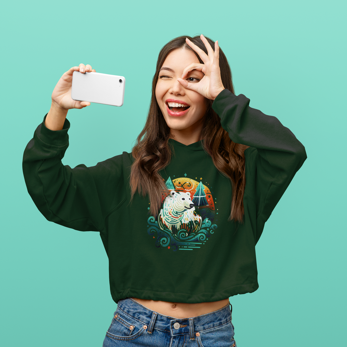 Arctic Elegance: Women's Printed Crop Hoody with Graceful Polar Bear