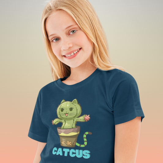 Cute Cactus Cat: Kid's Round Neck T-Shirt - Adorable Design