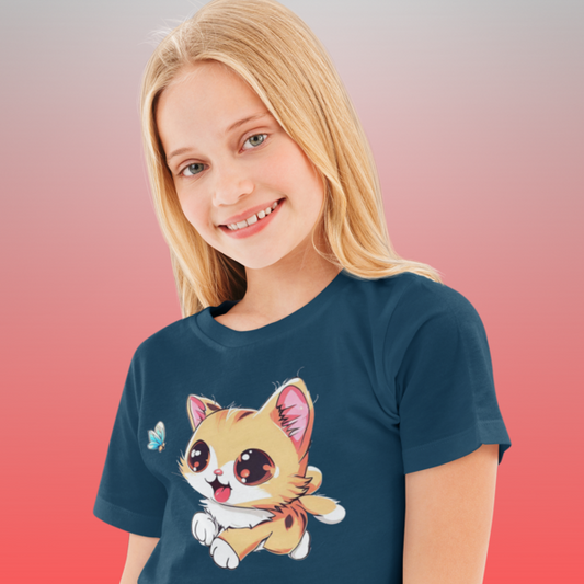 Whimsical Cat Chasing Butterfly: Kid's Round Neck T-Shirt - Adorable Design