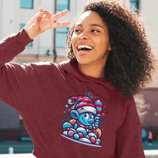 Festive Whimsy: Women's Printed Crop Hoody with Smurf in Christmas