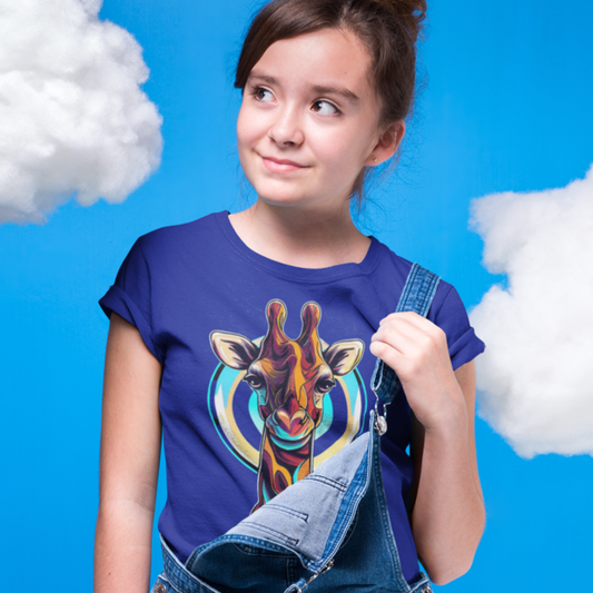 Playful Giraffe Adventure: Kid's Round Neck T-Shirt - Vibrant Design