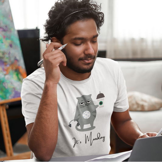 Monday Caffeine Cat Tee: Men's Round Neck T-Shirt - Kickstart Your Week in Style