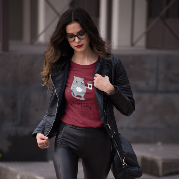 Cat with Coffee: Quirky Women's Round Neck T-Shirt for Monday Blues