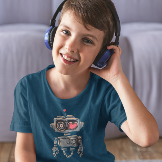 Heartwarming Robot: Kid's Round Neck T-Shirt - Adorable Design