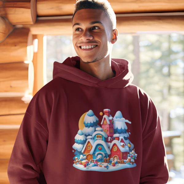 Snowy Smurf Village Unisex Hooded Sweatshirt - Whimsical Winter Style