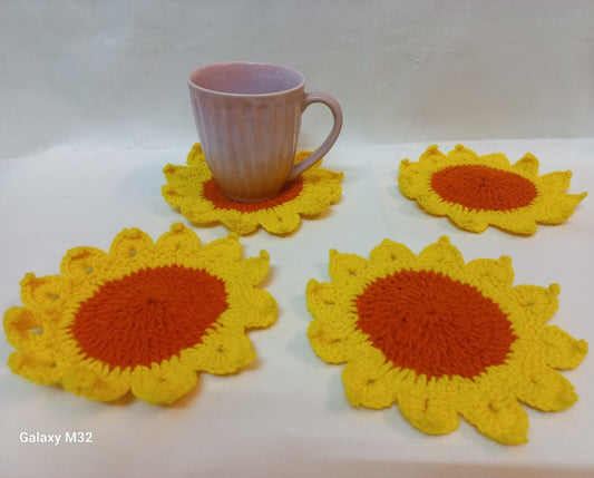 Sunflower Crochet Coasters: Blooming Beauty for Your Table - Set of 4