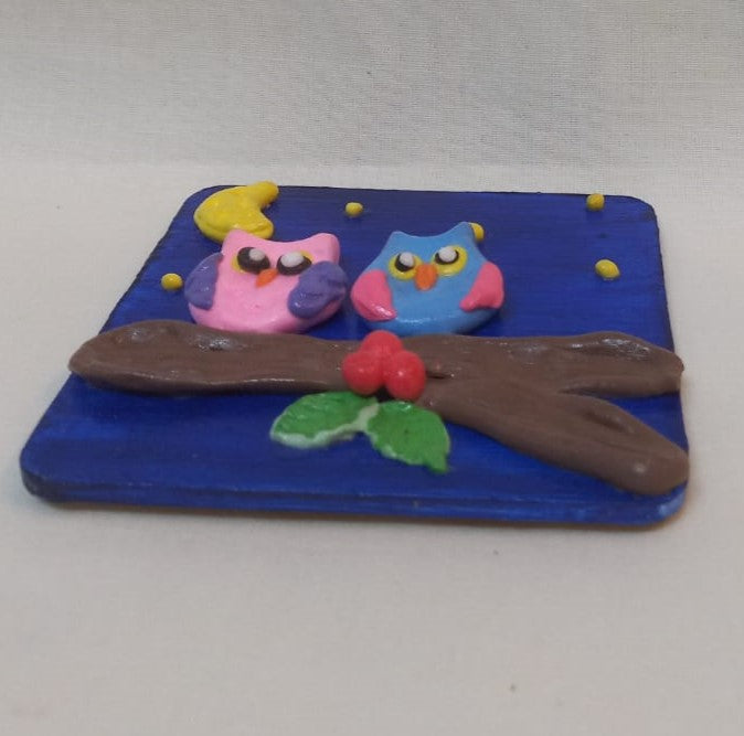 Owl Couple MDF Fridge Magnet: Whimsical Love on a Branch