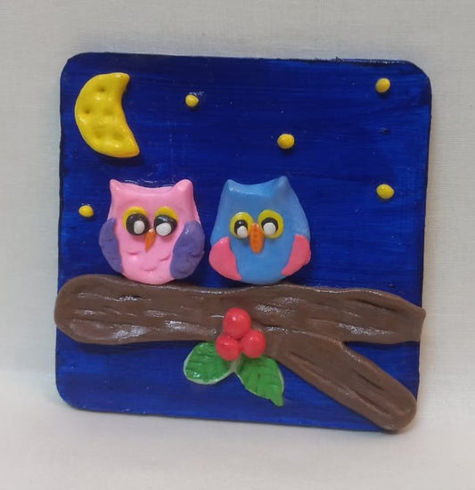 Owl Couple MDF Fridge Magnet: Whimsical Love on a Branch