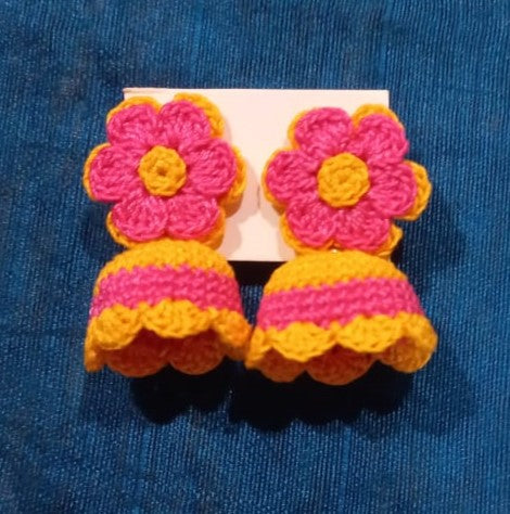 Pink & Yellow Crochet Jhumka Earrings