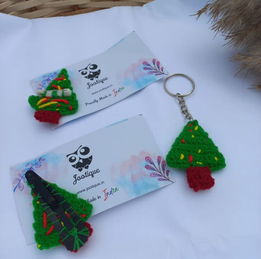 Festive Elegance Set: Christmas Tree Crochet Hair Clip, Key Ring, Brooch