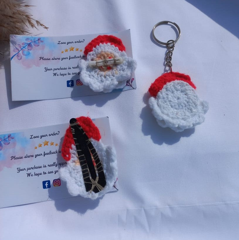 Santa Style Trio: Crochet Hair Clip, Key Ring, Brooch Set