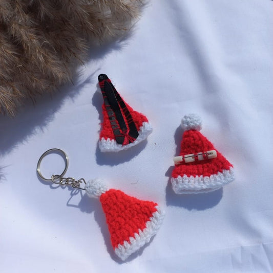 Santa Chic Set: Crochet Hair Clip, Key Ring, Brooch Trio