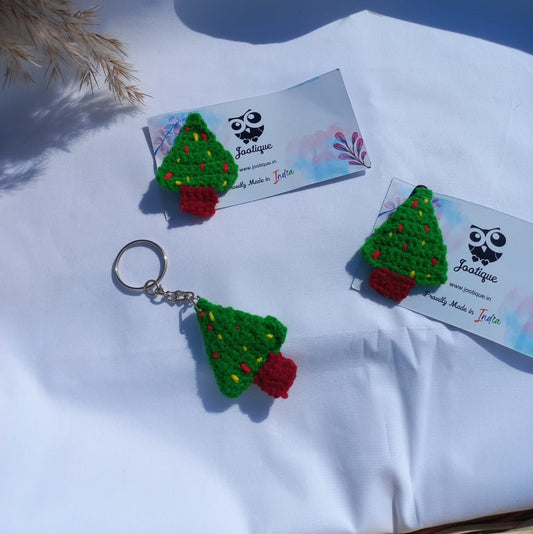 Festive Elegance Set: Christmas Tree Crochet Hair Clip, Key Ring, Brooch