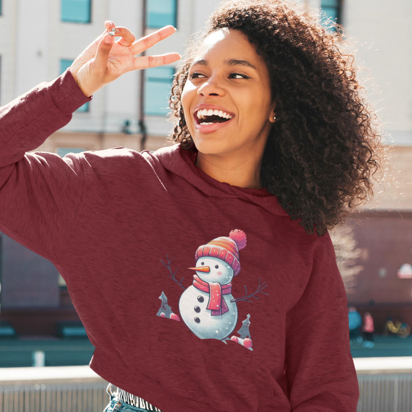 Winter Whimsy: Women's Printed Crop Hoody with Adorable Snowman
