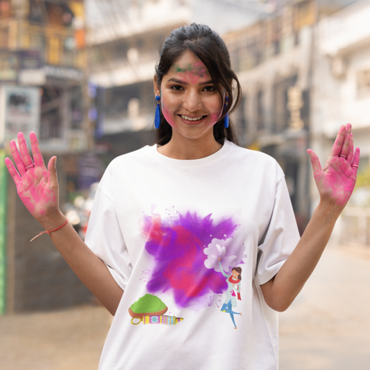 Celebrate Holi in Style: Women's Round Neck T-Shirt with Traditional Holi Girl Design