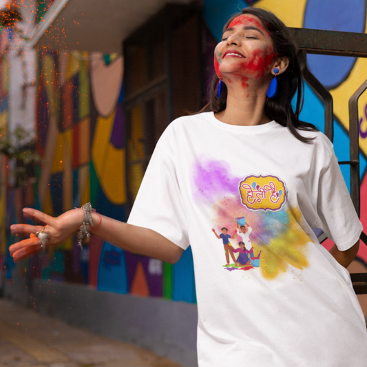 Festive Bonding: Women's Round Neck T-Shirt with Friends Playing Holi Design
