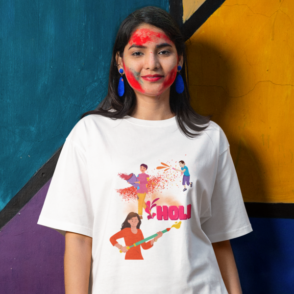 Festive Fun: Women's Round Neck T-Shirt with Playful Holi Color Gun Design