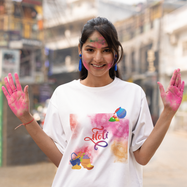 Stylish Celebration: Women's Round Neck T-Shirt with Indian Festival Colors Design
