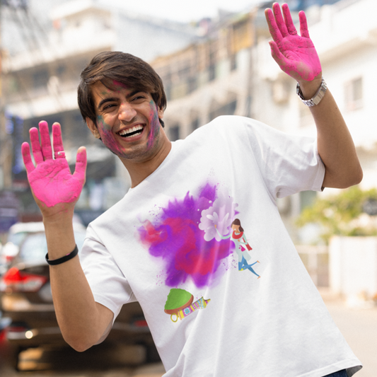 Colorful Festivities: Men's Round Neck T-Shirt with Traditional Holi Girl Design