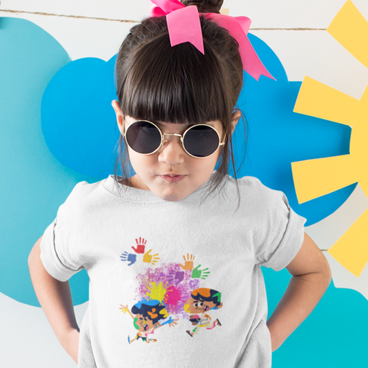 Colorful Celebrations: Toddler's Round Neck T-Shirt with Kids Enjoying Holi Festival Design