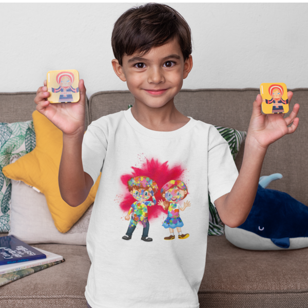 Colorful Cuties: Toddler's Round Neck T-Shirt with Kids Covered in Holi Colors Design