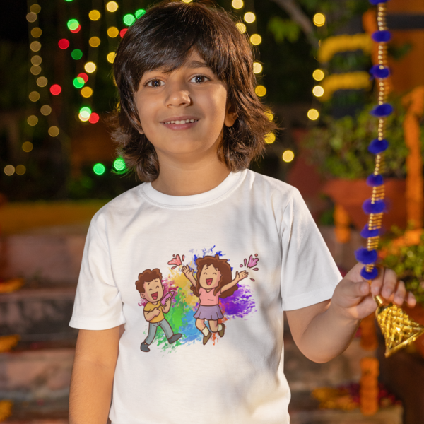Colorful Joy: Toddler's Round Neck T-Shirt with Kids Playing Holi Design