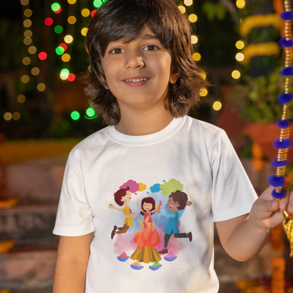 Festive Fun: Toddler's Round Neck T-Shirt with Kids Enjoying Holi Festival Colors