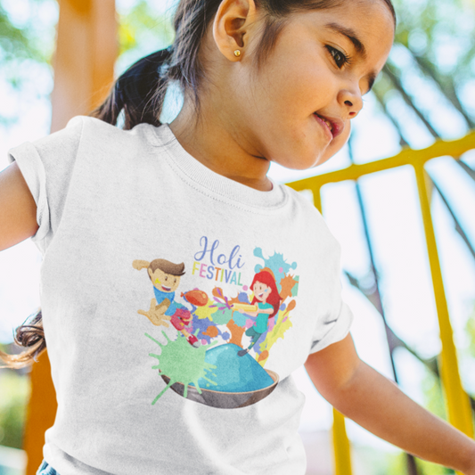 Holi Happiness: Toddler's Round Neck T-Shirt with Kids Enjoying Festival Design