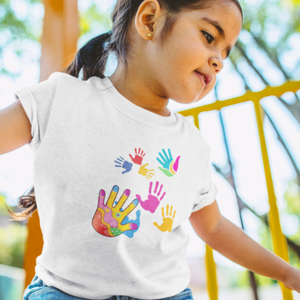 Vibrant Festivities: Toddler's Round Neck T-Shirt with Colorful Handprints Design