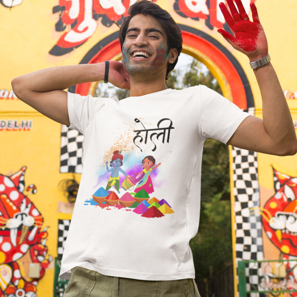 Divine Holi: Men's Round Neck T-Shirt with Radha and Krishna Playing Design