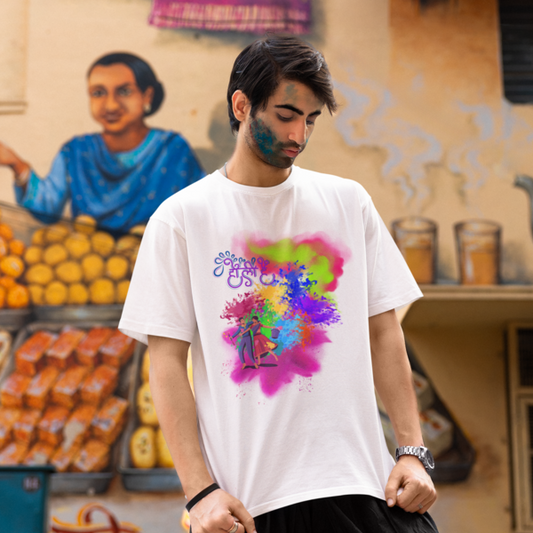 Splash into Holi: Men's Round Neck T-Shirt with Colorful Celebration Design