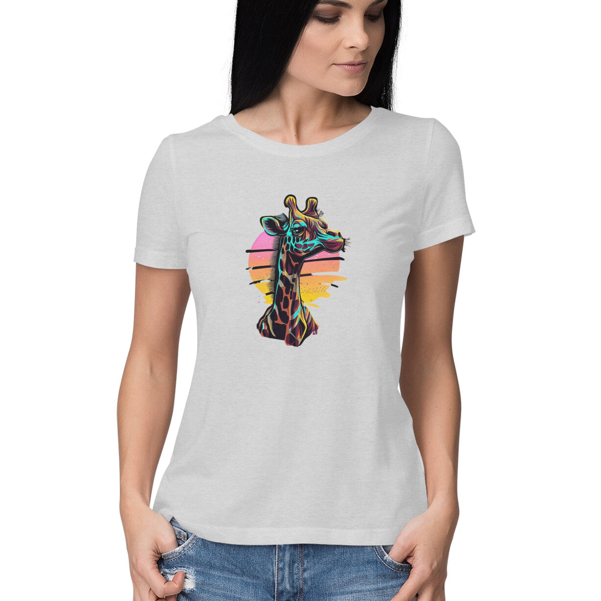 Giraffe Design Women's Round Neck T-Shirt: Nature-Inspired Fashion Charm