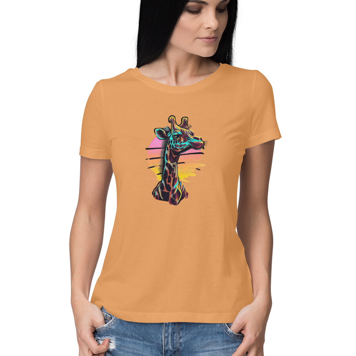 Giraffe Design Women's Round Neck T-Shirt: Nature-Inspired Fashion Charm