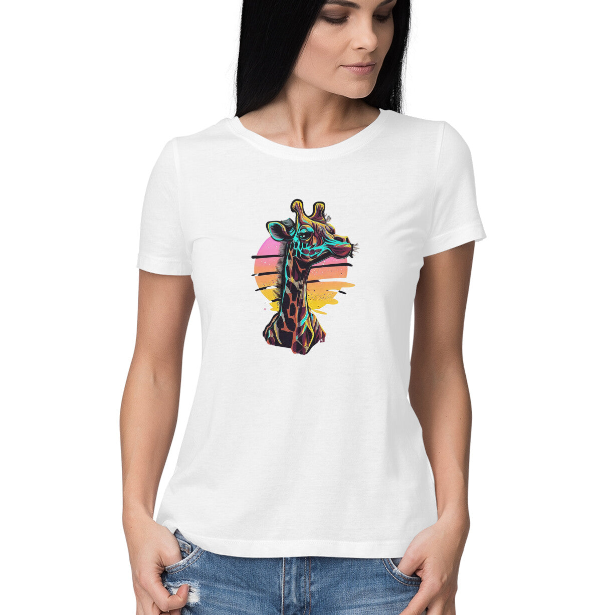 Giraffe Design Women's Round Neck T-Shirt: Nature-Inspired Fashion Charm
