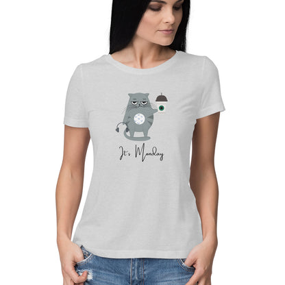 Cat with Coffee: Quirky Women's Round Neck T-Shirt for Monday Blues