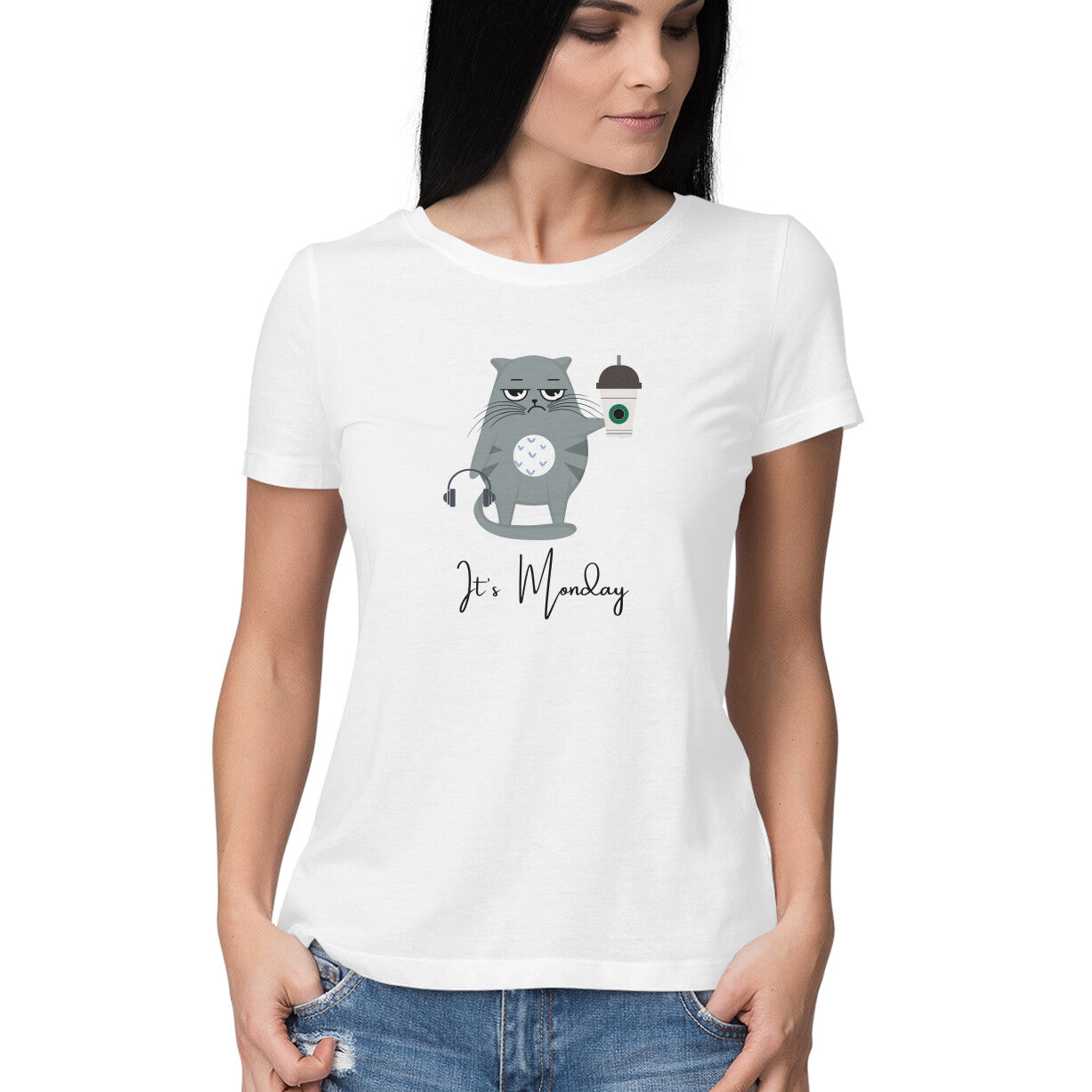 Cat with Coffee: Quirky Women's Round Neck T-Shirt for Monday Blues