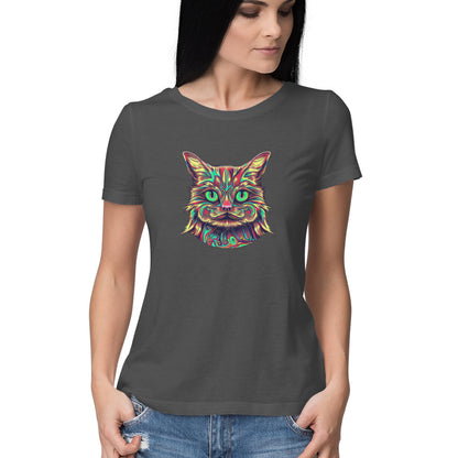 Psychedelic Cat: Vibrant Women's Round Neck T-Shirt for Eclectic Style