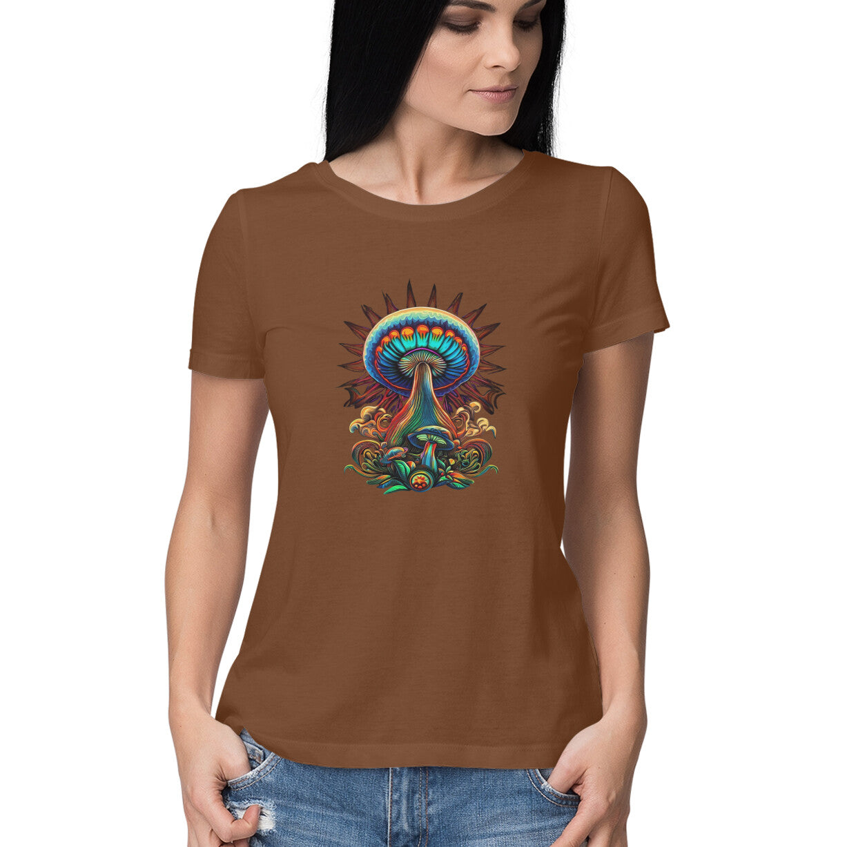 Psychedelic Mushroom: Women's Round Neck T-Shirt for Trippy Style