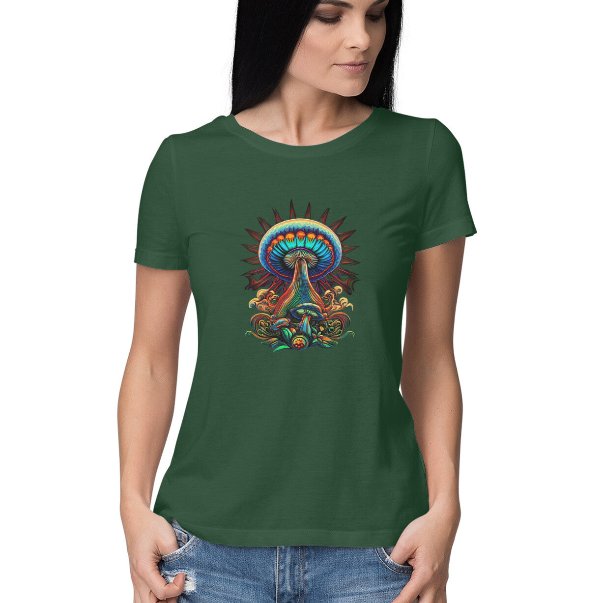 Psychedelic Mushroom: Women's Round Neck T-Shirt for Trippy Style