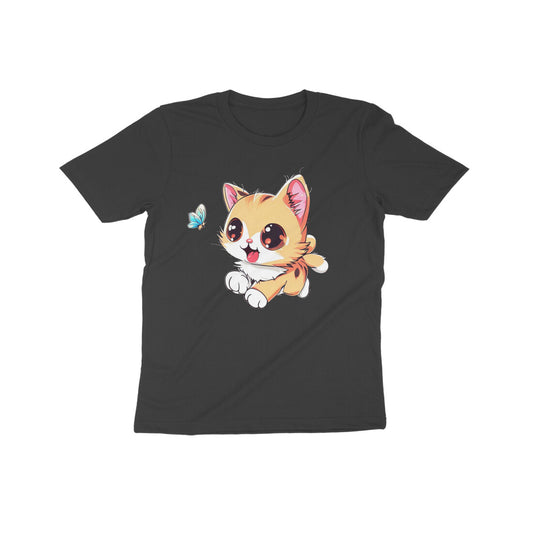 Whimsical Cat Chasing Butterfly: Kid's Round Neck T-Shirt - Adorable Design