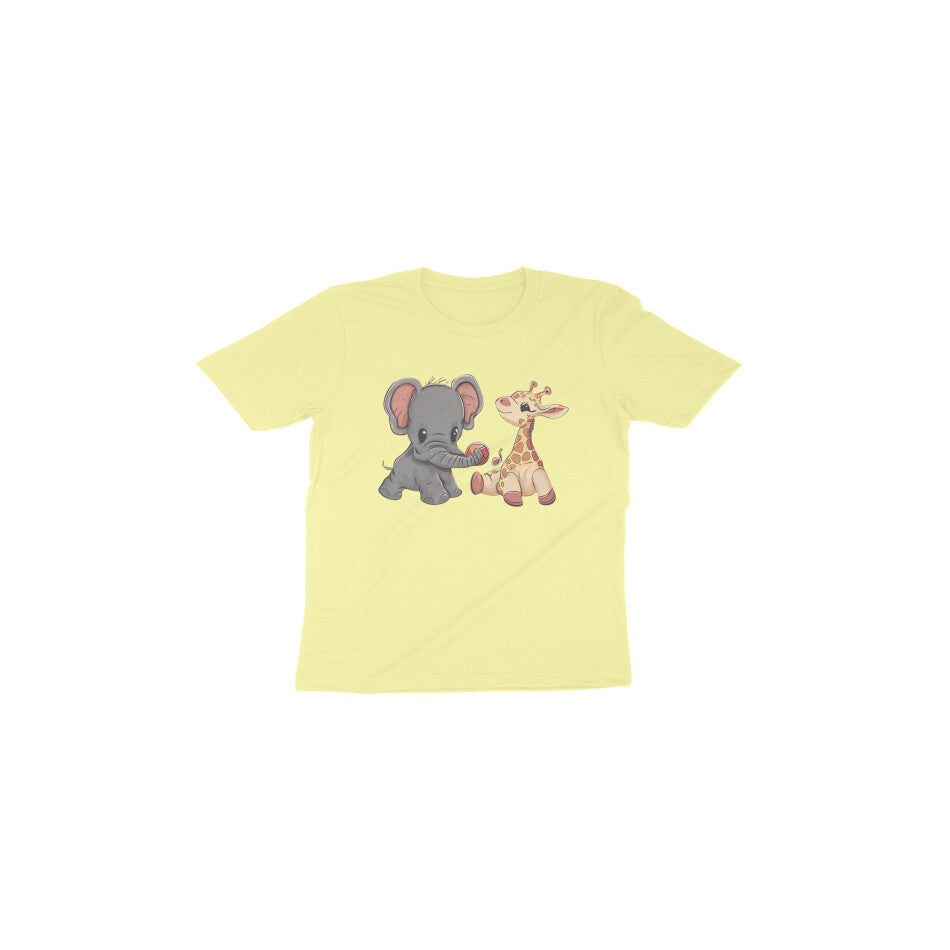 Adorable Playmates: Toddler's Round Neck T-Shirt with Baby Giraffe and Elephant Design
