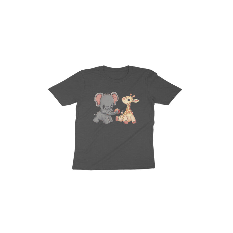 Adorable Playmates: Toddler's Round Neck T-Shirt with Baby Giraffe and Elephant Design