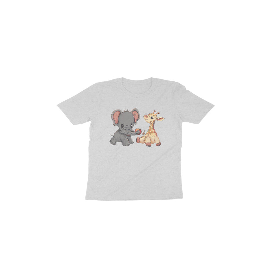 Adorable Playmates: Toddler's Round Neck T-Shirt with Baby Giraffe and Elephant Design