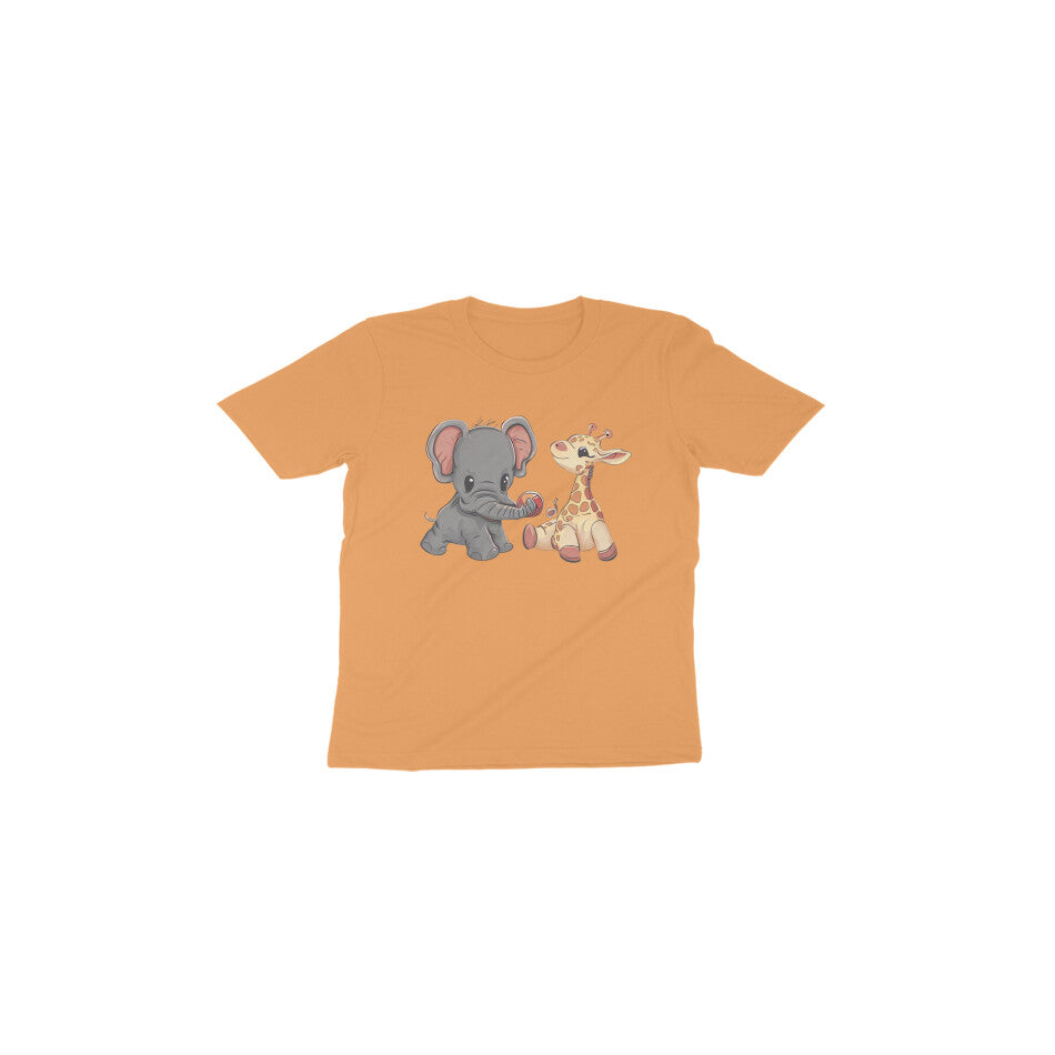 Adorable Playmates: Toddler's Round Neck T-Shirt with Baby Giraffe and Elephant Design