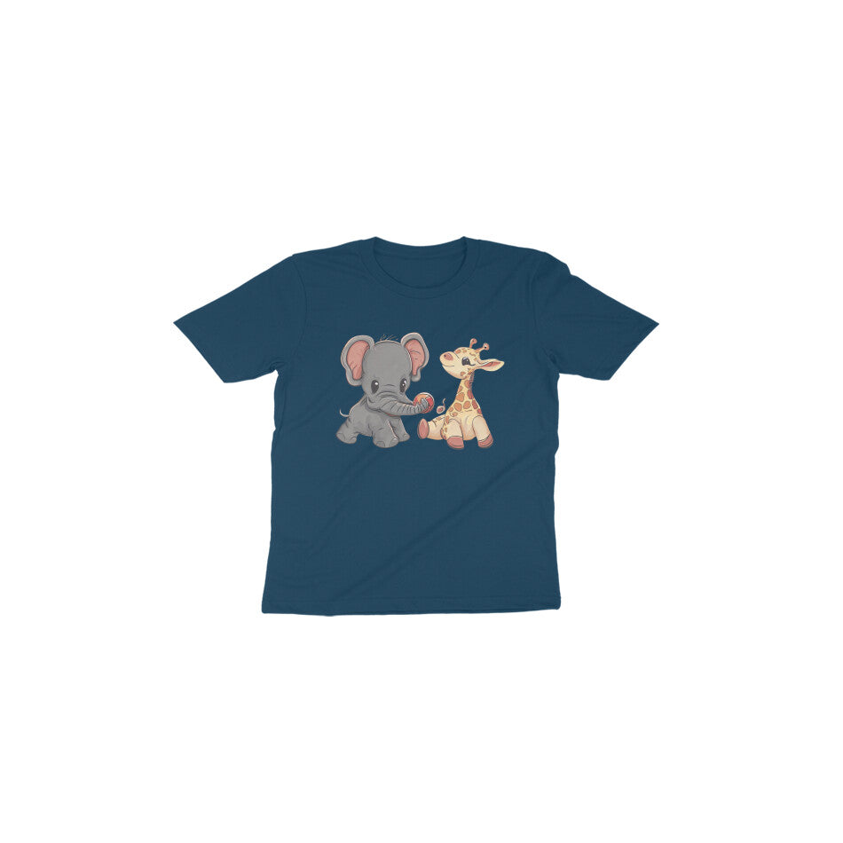 Adorable Playmates: Toddler's Round Neck T-Shirt with Baby Giraffe and Elephant Design