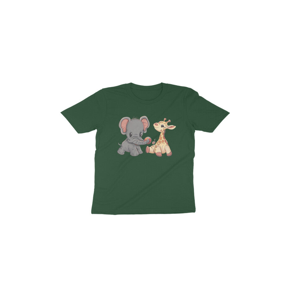 Adorable Playmates: Toddler's Round Neck T-Shirt with Baby Giraffe and Elephant Design