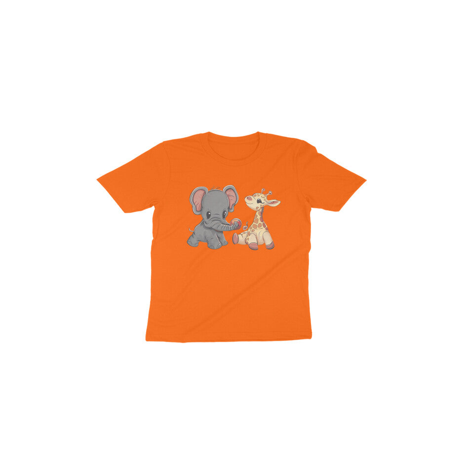 Adorable Playmates: Toddler's Round Neck T-Shirt with Baby Giraffe and Elephant Design