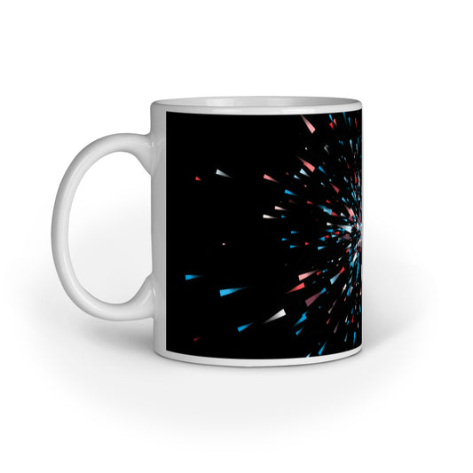 Dynamic Black Abstract Mugs: Multi-Colored Light Burst Design